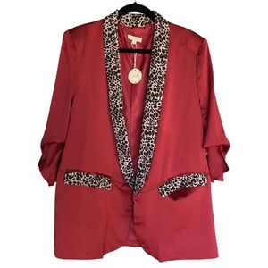 Oddi Leopard Lined Burgundy Red 3/4 Sleeve Blazer Womens Plus Size 2X NWT